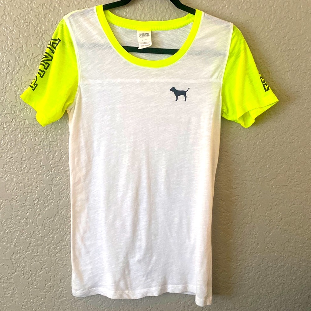 PINK Tee, Short Sleeves,White/Neon Green-Yellow, PINK Logo, Size Large